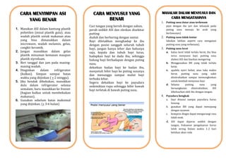 CARA MENYIMPAN ASI YANG BENAR 
1. Masukan ASI dalam kantung plastik polietilen (misal plastik gula); atau wadah plastik untuk makanan atau yang bisa dimasukkan dalam microwave, wadah melamin, gelas, cangkir keramik. 
2. Jangan masukkan dalam gelas plastik minuman kemasan maupun plastik styrofoam. 
3. Beri tanggal dan jam pada masing- masing wadah. 
4. Dinginkan dalam refrigerator (kulkas). Simpan sampai batas waktu yang diijinkan ( + 2 minggu). 
5. Jika hendak dibekukan, masukkan dulu dalam refrigerator selama semalam, baru masukkan ke freezer (bagian kulkas untuk membekukan makanan), 
6. Gunakan sebelum batas maksimal yang diijinkan. (+ 3-6 bulan) 
CARA MENYUSUI YANG BENAR 
Cuci tangan yang bersih dengan sabun, 
perah sedikit ASI dan oleskan disekitar putting 
duduk dan berbaring dengan santai. 
Bayi diletakkan menghadap ke ibu dengan posisi sanggah seluruh tubuh bayi, jangan hanya leher dan bahunya saja, kepala dan tubuh bayi lurus, hadapkan bayi ke dada ibu, sehingga hidung bayi berhadapan dengan puting susu, 
dekatkan badan bayi ke badan ibu, menyetuh bibir bayi ke puting susunya dan menunggu sampai mulut bayi terbuka lebar. 
Segera dekatkan bayi ke payudara sedemikian rupa sehingga bibir bawah bayi terletak di bawah puting susu. 
MASALAH DALAM MENYUSUI DAN CARA MENGATASINYA 
1. Putting susu datar atau terbenam 
pijat dengan ibu jari dan telunjuk pada puting susu menuju ke arah yang berlawanan) 
2. Putting susu tidak lentur 
lakukan latihan seperti cara mengatasi putting susu yang terbenam). 
3. Putting susu lecet 
a. kalau lecet tidak terlalu berat, ibu bisa terus menyusui bayi. putting susu diolesi ASI dan biarkan mengering 
b. Menggunakan BH yang tidak terlalu ketat. 
c. apabila nyeri hebat, atau luka makin berat, putting susu yang sakit diistirahatkan sampai memungkinkan untuk kembali menyusui bayi 
d. Selama putting susu yang bersangkutan diistirahatkan, ASI dikeluarkan oleh ibu dengan tangan. 
4. Payudara bengkak 
a. bayi disusui sampai payudara harus kosong. 
b. gunakan BH yang dapat menopang dengan nyaman. 
c. kompres dingin dapat mengurangi rasa tidak enak. 
d. ASI dapat diperas sedikit dengan tangan, frekuensi pengeluaran harus lebih sering Dalam waktu 1-2 hari keluhan akan reda 