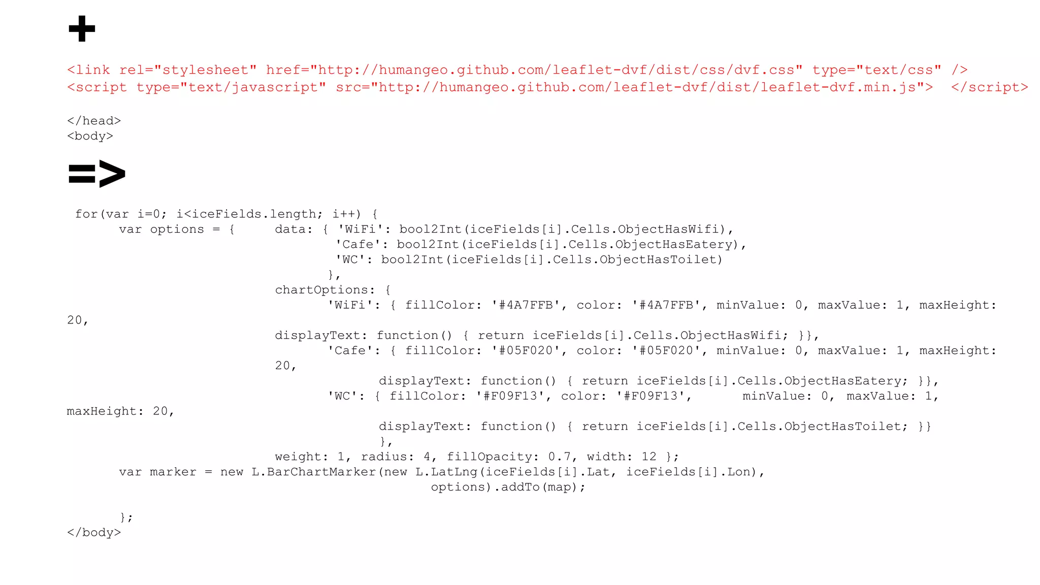 +
<link rel="stylesheet" href="http://humangeo.github.com/leaflet-dvf/dist/css/dvf.css" type="text/css" />
<script type="text/javascript" src="http://humangeo.github.com/leaflet-dvf/dist/leaflet-dvf.min.js"> </script>
</head>
<body>
=>for(var i=0; i<iceFields.length; i++) {
var options = { data: { 'WiFi': bool2Int(iceFields[i].Cells.ObjectHasWifi),
'Cafe': bool2Int(iceFields[i].Cells.ObjectHasEatery),
'WC': bool2Int(iceFields[i].Cells.ObjectHasToilet)
},
chartOptions: {
'WiFi': { fillColor: '#4A7FFB', color: '#4A7FFB', minValue: 0, maxValue: 1, maxHeight:
20,
displayText: function() { return iceFields[i].Cells.ObjectHasWifi; }},
'Cafe': { fillColor: '#05F020', color: '#05F020', minValue: 0, maxValue: 1, maxHeight:
20,
displayText: function() { return iceFields[i].Cells.ObjectHasEatery; }},
'WC': { fillColor: '#F09F13', color: '#F09F13', minValue: 0, maxValue: 1,
maxHeight: 20,
displayText: function() { return iceFields[i].Cells.ObjectHasToilet; }}
},
weight: 1, radius: 4, fillOpacity: 0.7, width: 12 };
var marker = new L.BarChartMarker(new L.LatLng(iceFields[i].Lat, iceFields[i].Lon),
options).addTo(map);
};
</body>
 