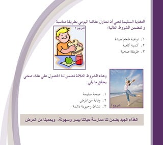 ‫مناسبة‬ ‫بطريقة‬ ‫اليومي‬ ‫غذائنا‬ ‫نتناول‬ ‫أن‬ ‫تعني‬ ‫السليمة‬ ‫التغذية‬
:‫التالية‬ ‫الشروط‬ ‫تتضمن‬ ‫و‬
‫جيدة‬ ‫طعام‬ ‫نوعية‬ .1
‫كافية‬ ‫كمية‬ .2
‫صحية‬ ‫طريقة‬ .3
‫صحي‬ ‫غذاء‬ ‫على‬ ‫احلصول‬ ‫لنا‬ ‫تضمن‬ ‫الثالثة‬ ‫الشروط‬ ‫وهذه‬
:‫يلي‬ ‫ما‬ ‫يحقق‬
‫سليمة‬ ‫صحة‬ .1
‫املرض‬ ‫من‬ ‫وقاية‬ .2
‫دائمة‬ ‫وحيوية‬ ‫نشاط‬ .3
‫المرض‬ ‫من‬ ‫ويحمينا‬ ،‫وسهولة‬ ‫بيسر‬ ‫حياتنا‬ ‫ممارسة‬ ‫لنا‬ ‫يضمن‬ ‫الجيد‬ ‫الغذاء‬
2 ‫المرجع‬
 