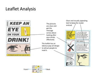 Leaflet Analysis Clear and visually appealing text to keep the reader enticed The pictures are clear and get the message across about looking after your drinks effectively The leaflet has an obvious pop art design to attract people to read it. Back Front 