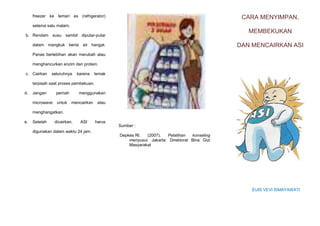 freezer ke lemari es (refrigerator)

CARA MENYIMPAN,

selama satu malam.

MEMBEKUKAN

b. Rendam susu sambil diputar-putar

DAN MENCAIRKAN ASI

dalam mangkuk berisi air hangat.
Panas berlebihan akan merubah atau
menghancurkan enzim dan protein.
c. Cairkan

seluruhnya

karena

lemak

terpisah saat proses pembekuan.
d.

Jangan

pernah

microwave

untuk

menggunakan
mencairkan

atau

menghangatkan.
e.

Setelah

dicairkan,

ASI

digunakan dalam waktu 24 jam.

harus

Sumber :
Depkes RI.
(2007).
Pelatihan
konseling
menyusui. Jakarta: Direktorat Bina Gizi
Masyarakat

EUIS VEVI ISMAYAWATI

 