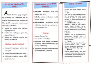  Pada janin : keguguran, BBLR, cacat
bawaan,, ahir mati.
 Pada ibu: anemia, perdarahan, mudah
terkena infeksi,
 pada persalinan : perdarahan setelah
melahirkan, bayi lahir premature, per-
salinan sulit dan lama.
Anjuran
 Sayuran 3 porsi / hari
 buah-buahan 2 porsi/hari
 Pengolahan sayur dengan tidak mema-
sak terlalu lama (sangat matang) agar
zat besi tidak hilang
 Mengurangi makanan/minuman kemasan
dg bahan pegawet & pewarna
Adalah Makanan yang mengand-
ung zat tenaga, zat pembangun dan zat
pengatur dalam susunan yang seimbang dan
dalam jumlah yang sesuai sesuai dengan
kebutuhan gizi ibu hamil.
1. Sumber zat tenaga: beras, kentang,
singkong, roti, mi
2. Sumber zat pembangun: ayam, ikan,
daging, telur, hati
3. Sumber zat pengatur: sayuran ber-
warna hijau dan buah
Manfaat nutrisi ibu hamil
Apa itu Gizi Seimbang Ibu
Hamil ?
Zat gizi yang harus dipenuhi antara
lain:
 Air
Jaga agar ibu hamil tidak kekurangan
air. Se-baiknya Ibu hamil minum
minimal 10 gelas air putih setiap
harinya. Air putih bisa divariasi dgn
jus atau yogurt.
 Asam Folat dan seng
Makanan : sayur & buah seperti
jeruk, pisang, brokoli, wortel,
kembang kol, bayam. Kekurangan zat
ini dapat menyebabkan cacat bawaan
pada bayi
 Kalori
Makanan : Zat ini dibutuhkan untuk
pembentukan sel-sel baru &
pengaliran makanan dari ibu ke janin
melalui plasenta.
 Protein
Makanan : daging, keju, ikan, telur,
kacang-kacangan, tahu, tempe.
Berguna sebagai zat pembangun. 75-
100 gram/hari (1 1/2—2 potong)
 Kalsium
Apabila kalsium kurang, janin akan
mengambil kalsium dari ibu, itu dapat
menyebabkan osteoporosis pada ibu.
Minumlah susu minimal 1x/hari
Dampak apabila nutrisi tidak
terpenuhi
 Memenuhi kebutuhan nutrisi ibu
dan janin
 Menunjang tumbuh kembang janin
 Mencegah terjadinya anemia, KEK
pada kehamilan
Nutrisi Ibu Hamil
 