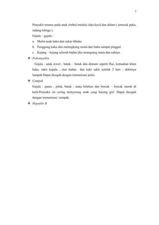 7

Penyakit tetanus pada anak timbul melalui luka kecil dan dalam ( tertusuk paku,
radang telinga ).
Gejala – gejala :
a. Mulut anak kaku dan sukar dibuka
b. Punggung kaku dan melengkung mulai dari bahu sampai pinggul.
c. Kejang – kejang seluruh badan jika terangsang suara dan cahaya.
 Poliomyelitis
Gejala : anak rewel , batuk – batuk dan demam seperti flue, kemudian klien
kaku, sakit kepala , otot badan

dan kaki sakit setelah 2 hari , akhirnya

lumpuh.Dapat dicegah dengan immunisasi polio.
 Campak
Gejala : panas , pilek, batuk , mata belekan dan bercak – bercak merah di
kulit.Penyakit ini sering menyerang anak yang kurang gizi .Dapat dicegah
dengan immunisasi campak.
 Hepatitis B

 