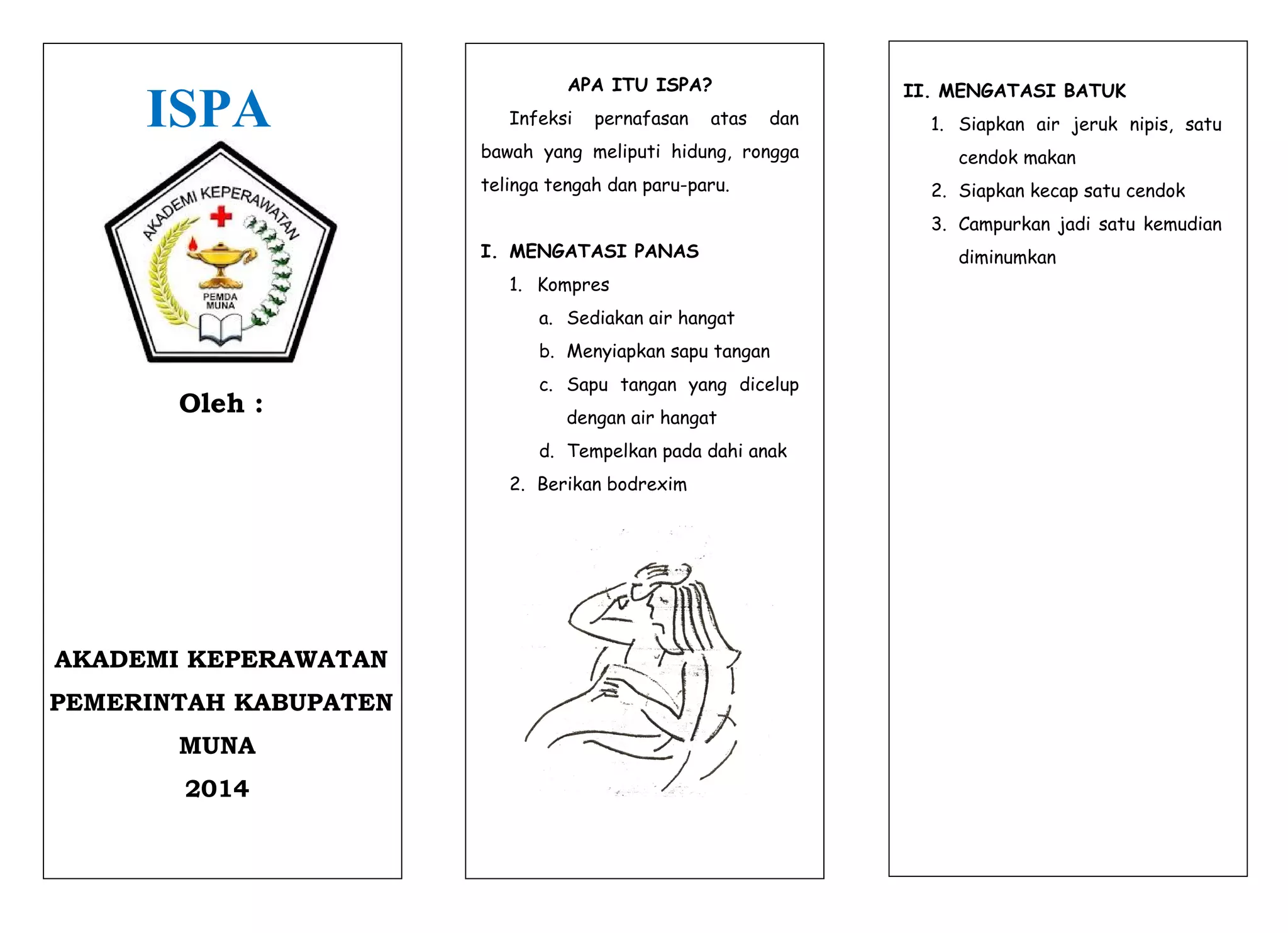 ISPA
Oleh :
AKADEMI KEPERAWATAN
PEMERINTAH KABUPATEN
MUNA
2014
APA ITU ISPA?
Infeksi pernafasan atas dan
bawah yang meliputi hidung, rongga
telinga tengah dan paru-paru.
I. MENGATASI PANAS
1. Kompres
a. Sediakan air hangat
b. Menyiapkan sapu tangan
c. Sapu tangan yang dicelup
dengan air hangat
d. Tempelkan pada dahi anak
2. Berikan bodrexim
II. MENGATASI BATUK
1. Siapkan air jeruk nipis, satu
cendok makan
2. Siapkan kecap satu cendok
3. Campurkan jadi satu kemudian
diminumkan