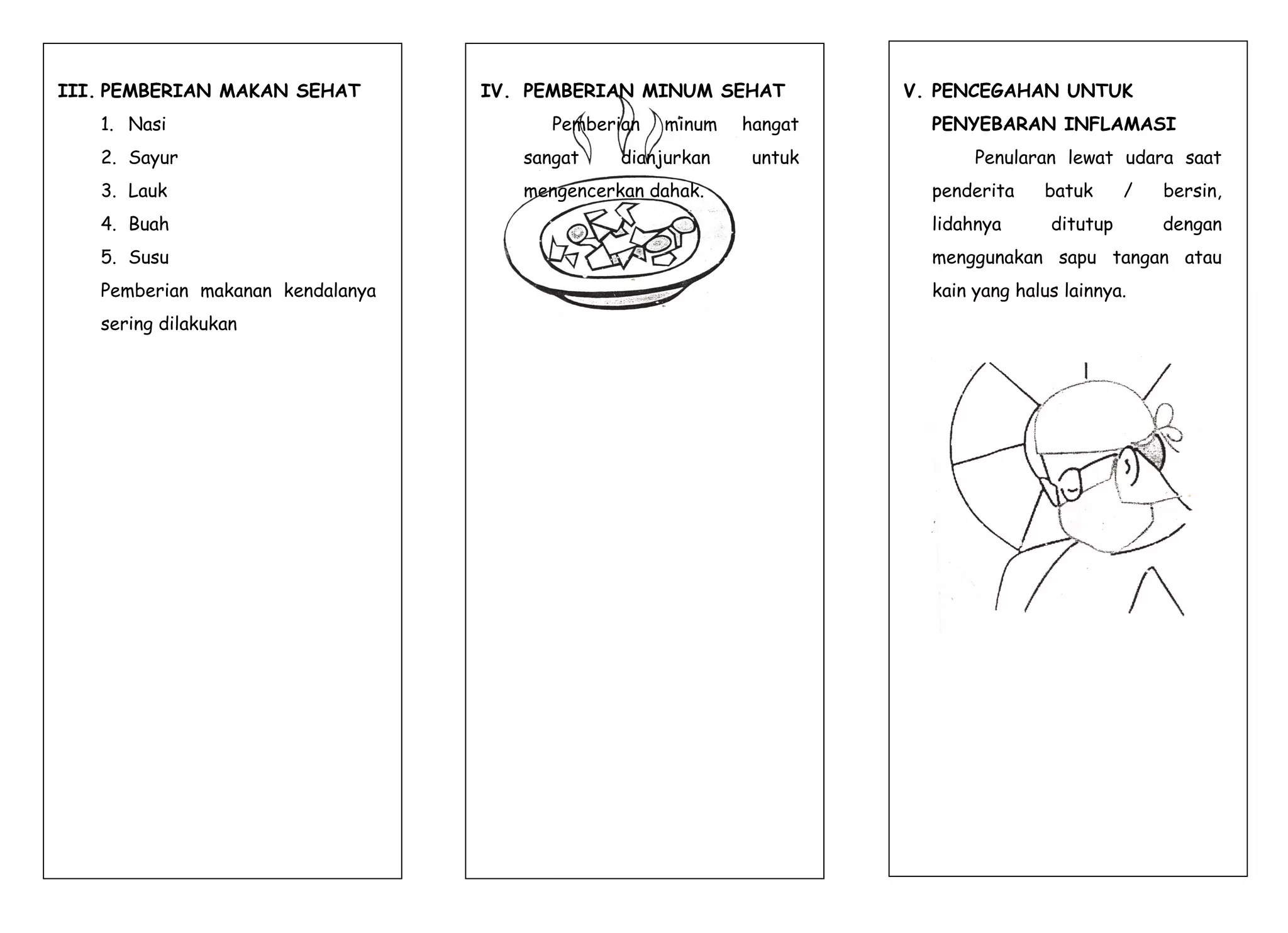 III. PEMBERIAN MAKAN SEHAT
1. Nasi
2. Sayur
3. Lauk
4. Buah
5. Susu
Pemberian makanan kendalanya
sering dilakukan
IV. PEMBERIAN MINUM SEHAT
Pemberian minum hangat
sangat dianjurkan untuk
mengencerkan dahak.
V. PENCEGAHAN UNTUK
PENYEBARAN INFLAMASI
Penularan lewat udara saat
penderita batuk / bersin,
lidahnya ditutup dengan
menggunakan sapu tangan atau
kain yang halus lainnya.
