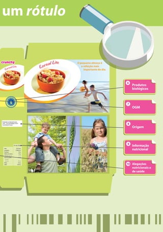 um rótulo


                                                 l Lite
                                            erea
                                                          O pequeno almoço é

     Cer
        eal Lite                          C                  a refeição mais
                                                               importante do dia.




                                                                                    Produtos
                                                                                    biológicos




                                                                                    OGM


Produzido na Alemanha para:
C.M.I. 2 av. du Paci que, 91977
Courtaboeuf, França

                                                                                    Origem




                          Por cada 100g
                                                                                    Informação
   Valor
   energético
                               374 kcal
                              (1586 kJ)                                             nutricional
   Proteínas                       15 g
   Hidratos de carbono             75 g
   - dos quais açúcares            17 g
   Matérias gordas                1.5 g
   - das quais
     saturadas                    0.5 g

                                                                                    Alegações
   Fibras                         2.5 g
   Sódio                         0.85 g

                                                                                    nutricionais e
                                                                                    de saúde
 