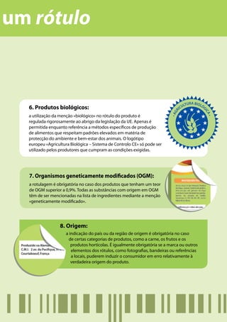 um rótulo



  6. Produtos biológicos:
  a utilização da menção «biológico» no rótulo do produto é
  regulada rigorosamente ao abrigo da legislação da UE. Apenas é
  permitida enquanto referência a métodos específicos de produção
  de alimentos que respeitam padrões elevados em matéria de
  protecção do ambiente e bem-estar dos animais. O logótipo
  europeu «Agricultura Biológica – Sistema de Controlo CE» só pode ser
  utilizado pelos produtores que cumpram as condições exigidas.




  7. Organismos geneticamente modificados (OGM):
  a rotulagem é obrigatória no caso dos produtos que tenham um teor
  de OGM superior a 0,9%. Todas as substâncias com origem em OGM
  têm de ser mencionadas na lista de ingredientes mediante a menção
  «geneticamente modificado».




                 8. Origem:
                    a indicação do país ou da região de origem é obrigatória no caso
                      de certas categorias de produtos, como a carne, os frutos e os
                       produtos hortícolas. É igualmente obrigatória se a marca ou outros
                       elementos dos rótulos, como fotografias, bandeiras ou referências
                       a locais, puderem induzir o consumidor em erro relativamente à
                       verdadeira origem do produto.
 