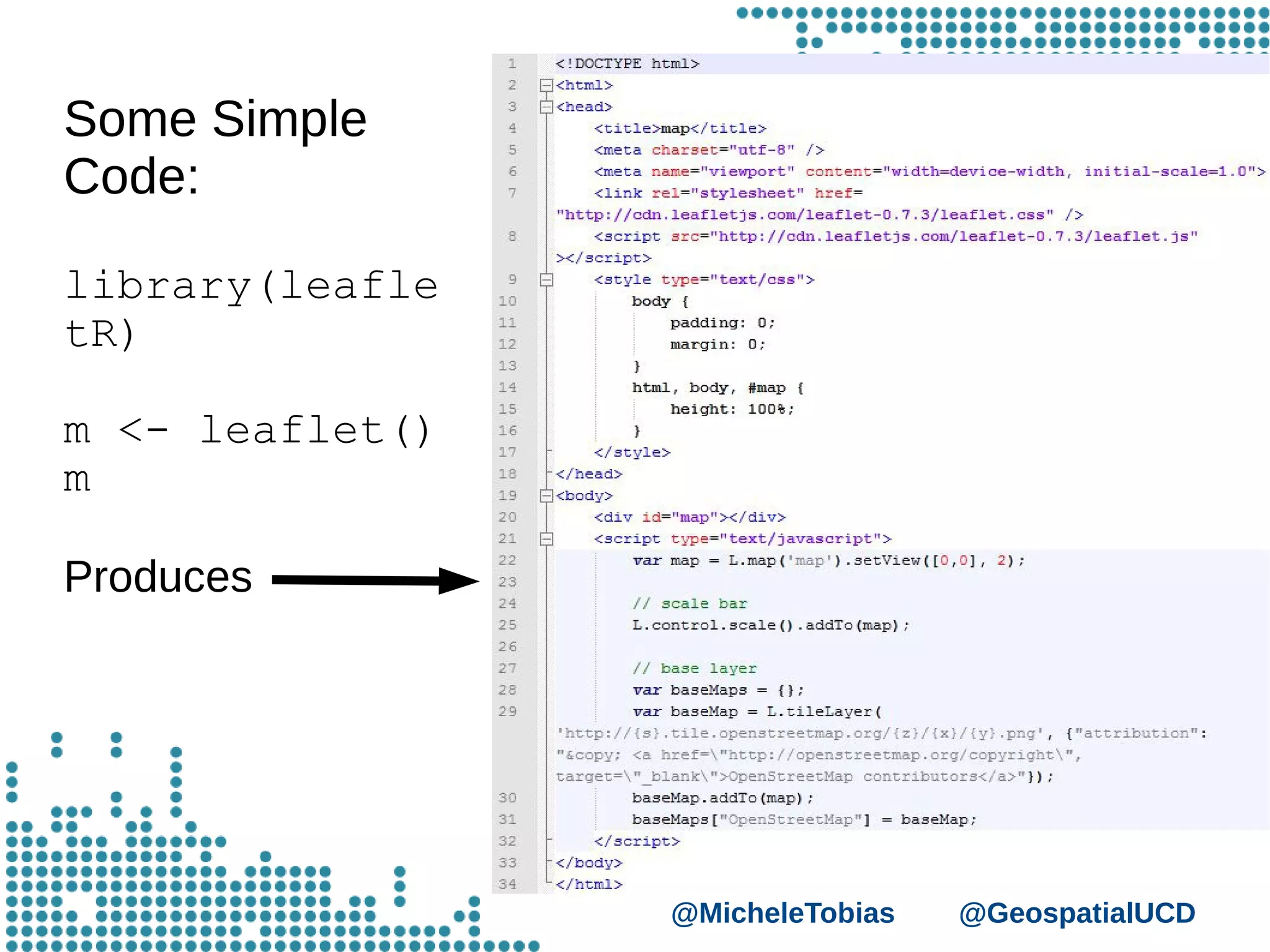 @MicheleTobias @GeospatialUCD
Some Simple
Code:
library(leafle
tR)
m <- leaflet()
m
Produces