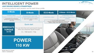 NISSAN GROUP OF EUROPE
STRICTLY CONFIDENTIAL
 A driving mode for each situation and for each driver profile
D-Mode

B-Mode

ECO-Mode B Mode + ECO-Mode
Quick start
You can feel direct and quick launch beyond
other cars whenever signal changes
0 – 100 km/h: 7.9s
IMMEDIATE
TORQUE
320 NM
POWER
110 KW

 