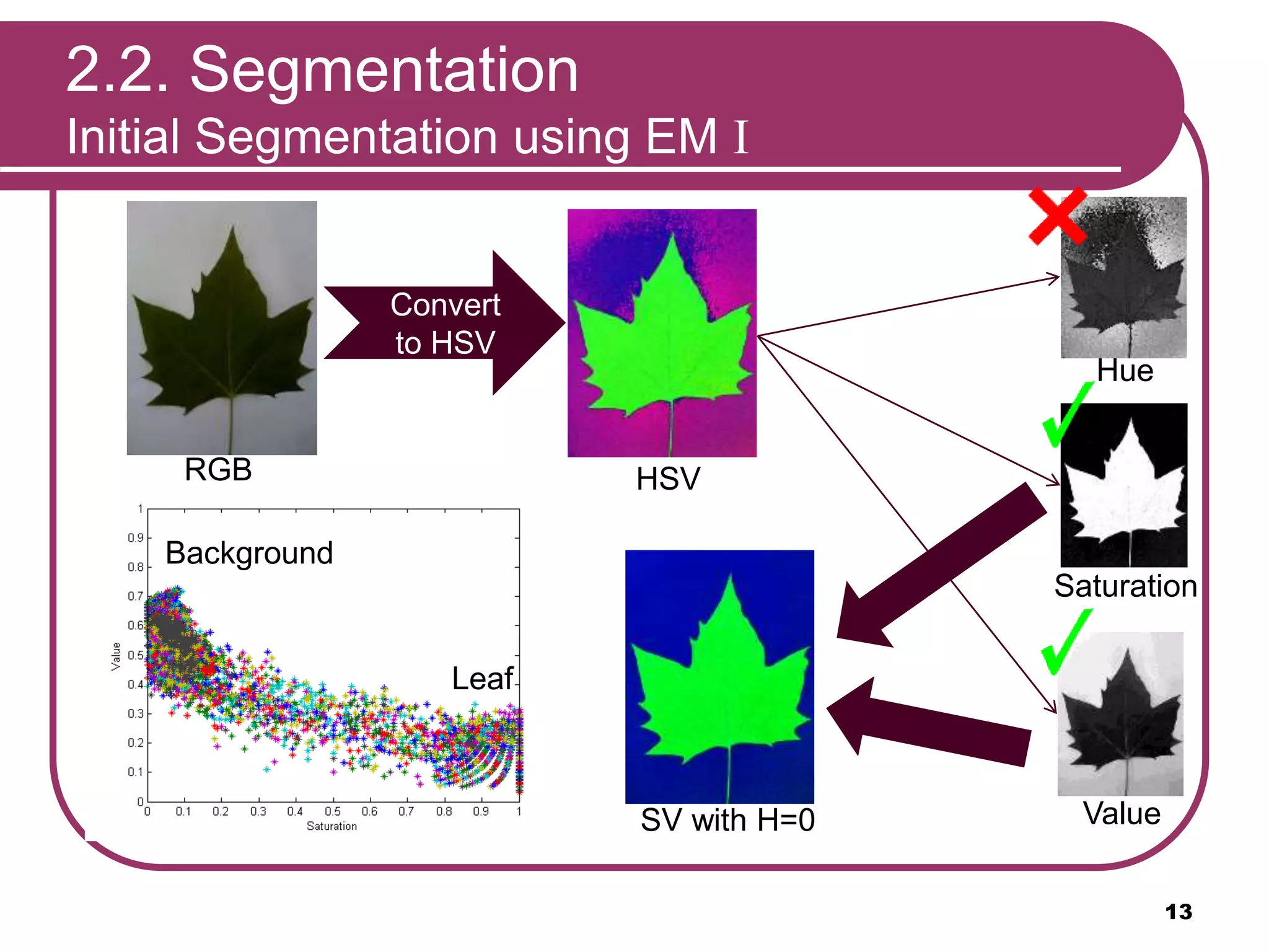 2.2. Segmentation
Initial Segmentation using EM I
RGB
Convert
to HSV
HSV
HSV
Hue
HueSaturation
Saturation
Value
Value
SV
SV with H=0
Leaf
Background
13
 