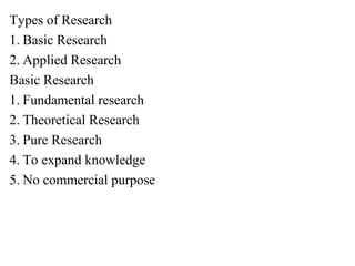 Types of Research
1. Basic Research
2. Applied Research
Basic Research
1. Fundamental research
2. Theoretical Research
3. Pure Research
4. To expand knowledge
5. No commercial purpose
 