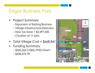 Edgar Business Parkg
• Project Summary
 Expansion of Existing Business
 Village Infrastructure Extension
New tax base = ...