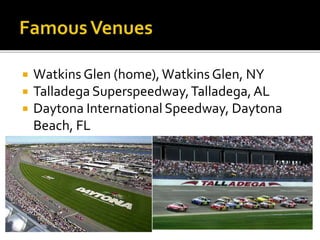  Watkins Glen (home), Watkins Glen, NY 
 Talladega Superspeedway, Talladega, AL 
 Daytona International Speedway, Daytona 
Beach, FL 
 