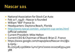  National Association for Stock Car Auto 
 Feb 21st, 1948 – Nascar is founded 
 William “Bill” France Sr. 
 Headquarters: Daytona Beach, Florida 
 http://www.nascar.com/en_us/sprint-cup-series.html 
(official website) 
 Current President: Mike Helton 
 Current CEO & Chairman of Board: Brian Z. France 
 https://www.google.com/maps/place/Nascar+Inc/@2 
9.1929,- 
81.070328,15z/data=!4m2!3m1!1s0x0:0x2a7a63514300 
388 
 