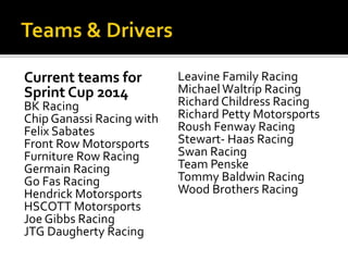 Current teams for 
Sprint Cup 2014 
BK Racing 
Chip Ganassi Racing with 
Felix Sabates 
Front Row Motorsports 
Furniture Row Racing 
Germain Racing 
Go Fas Racing 
Hendrick Motorsports 
HSCOTT Motorsports 
Joe Gibbs Racing 
JTG Daugherty Racing 
Leavine Family Racing 
Michael Waltrip Racing 
Richard Childress Racing 
Richard Petty Motorsports 
Roush Fenway Racing 
Stewart- Haas Racing 
Swan Racing 
Team Penske 
Tommy Baldwin Racing 
Wood Brothers Racing 
 