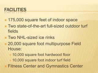 FACILITIES
 175,000 square feet of indoor space
 Two state-of-the-art full-sized outdoor turf
fields
 Two NHL-sized ice rinks
 20,000 square foot multipurpose Field
House:
 10,000 square foot hardwood floor
 10,000 square foot indoor turf field
 Fitness Center and Gymnastics Center
 