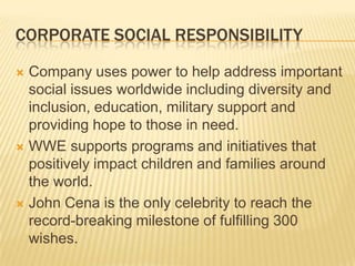 CORPORATE SOCIAL RESPONSIBILITY
 Company uses power to help address important
social issues worldwide including diversity and
inclusion, education, military support and
providing hope to those in need.
 WWE supports programs and initiatives that
positively impact children and families around
the world.
 John Cena is the only celebrity to reach the
record-breaking milestone of fulfilling 300
wishes.
 