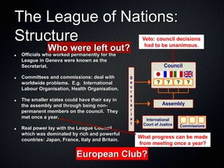 The League of Nations:
Structure
Officials who worked permanently for the
League in Geneva were known as the
Secretariat.
Committees and commissions: deal with
worldwide problems. E.g. International
Labour Organisation, Health Organisation.
The smaller states could have their say in
the assembly and through being non-
permanent members on the council. They
met once a year.
Real power lay with the League Council
which was dominated by rich and powerful
countries: Japan, France, Italy and Britain.
Veto: council decisions
had to be unanimous.
What progress can be made
from meeting once a year?
Who were left out?
European Club?
 