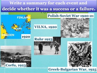 1920s
VILNA, 1920
1920
Corfu, 1923
Greek-Bulgarian War, 1925
Polish-Soviet War 1920-21
Ruhr 1923
 
