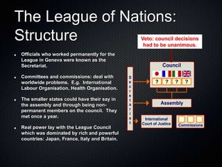 The League of Nations:
Structure
Officials who worked permanently for the
League in Geneva were known as the
Secretariat.
Committees and commissions: deal with
worldwide problems. E.g. International
Labour Organisation, Health Organisation.
The smaller states could have their say in
the assembly and through being non-
permanent members on the council. They
met once a year.
Real power lay with the League Council
which was dominated by rich and powerful
countries: Japan, France, Italy and Britain.
Veto: council decisions
had to be unanimous.
 