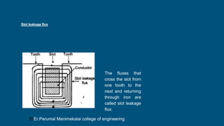 Slot leakage flux
The fluxes that
cross the slot from
one tooth to the
next and returning
through iron are
called slot leakage
flux.
ErEr.Perumal Manimekalai college of engineering
 