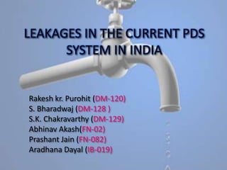 LEAKAGES IN THE CURRENT PDS SYSTEM IN INDIA Rakesh kr. Purohit (DM-120) S. Bharadwaj (DM-128 ) S.K. Chakravarthy (DM-129) Abhinav Akash(FN-02) Prashant Jain (FN-082) Aradhana Dayal (IB-019) 