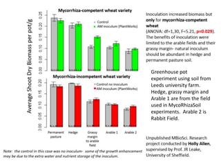 Greenhouse pot
experiment using soil from
Leeds university farm.
Hedge, grassy margin and
Arable 1 are from the field
used in MycoRhizaSoil
experiments. Arable 2 is
Rabbit Field.
 