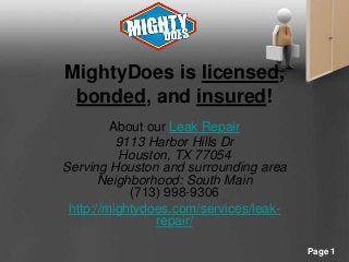 MightyDoes is licensed,
bonded, and insured!
About our Leak Repair
9113 Harbor Hills Dr
Houston, TX 77054
Serving Houston and surrounding area
Neighborhood: South Main
(713) 998-9306
http://mightydoes.com/services/leakrepair/
Powerpoint Templates

Page 1

 