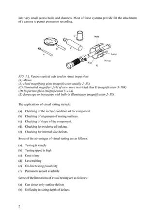 into very small access holes and channels. Most of these systems provide for the attachment
of a camera to permit permanent recording.
FIG. 1.1. Various optical aids used in visual inspection:
(A) Mirror
(B) Hand magnifying glass (magnification usually 2–3X).
(C) Illuminated magnifier; field of view more restricted than D (magnification 5–10X)
(D) Inspection glass (magnification 5–10X)
(E) Borescope or intrascope with built-in illumination (magnification 2–3X).
The applications of visual testing include:
(a) Checking of the surface condition of the component.
(b) Checking of alignment of mating surfaces.
(c) Checking of shape of the component.
(d) Checking for evidence of leaking.
(e) Checking for internal side defects.
Some of the advantages of visual testing are as follows:
(a) Testing is simple
(b) Testing speed is high
(c) Cost is low
(d) Less training
(e) On-line testing possibility
(f) Permanent record available
Some of the limitations of visual testing are as follows:
(a) Can detect only surface defects
(b) Difficulty in sizing depth of defects
2
 