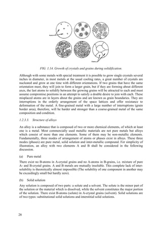 FIG. 1.14. Growth of crystals and grains during solidification.
Although with some metals with special treatment it is possible to grow single crystals several
inches in diameter, in most metals at the usual cooling rates, a great number of crystals are
nucleated and grow at one time with different orientations. If two grains that have the same
orientation meet, they will join to form a larger grain, but if they are forming about different
axes, the last atoms to solidify between the growing grains will be attracted to each and must
assume compromise positions in an attempt to satisfy a double desire to join with each. These
misplaced atoms are in layers about the grains and are known as grain boundaries. They are
interruptions in the orderly arrangement of the space lattices and offer resistance to
deformation of the metal. A fine-grained metal with a large number of interruptions (grain
border area), therefore, will be harder and stronger than a coarse-grained metal of the same
composition and condition.
1.2.3.3. Structure of alloys
An alloy is a substance that is composed of two or more chemical elements, of which at least
one is a metal. Most commercially used metallic materials are not pure metals but alloys
which consist of more than one elements. Some of them may be non-metallic elements.
Fundamentally, three modes of arrangement of atoms or phases exist in alloys. These three
modes (phases) are pure metal, solid solution and inter-metallic compound. For simplicity of
illustration, an alloy with two elements A and B shall be considered in the following
discussion.
(a) Pure metal
There exist no B-atoms in A-crystal grains and no A-atoms in B-grains, i.e. mixture of pure
A- and B-crystal grains. A and B metals are mutually insoluble. This complete lack of inter-
solubility is theoretically almost impossible (The solubility of one component in another may
be exceedingly small but hardly zero).
(b) Solid solution
Any solution is composed of two parts: a solute and a solvent. The solute is the minor part of
the solution or the material which is dissolved, while the solvent constitutes the major portion
of the solution. There exist B-atoms (solute) in A-crystal grains (solvent). Solid solutions are
of two types: substitutional solid solutions and interstitial solid solutions.
28
 