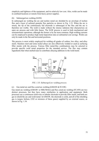 simplicity and lightness of the equipment, and its relatively low cost. Also, welds can be made
in confined locations or remote from heavy power supplies.
(b) Submerged arc welding (SAW)
In submerged arc welding the arc and molten metal are shielded by an envelope of molten
flux and a layer of unfused granular flux particles as shown in Fig. 1.33. When the arc is
struck, the tip of the continuously fed electrode is submerged in the flux and the arc is
therefore not visible. The weld is made without the intense radiation that characterizes an
open arc process and with little fumes. The SAW process is used in both mechanized and
semiautomatic operations, although the former is by far more common. High welding currents
can be employed to produce high metal deposition rates at substantial cost savings. Welds can
only be made in the flat and horizontal positions.
The process is most widely employed for welding all grades of carbon, low alloy, and alloy
steels. Stainless steel and some nickel alloys are also effectively welded or used as surfacing
filler metals with the process. Various filler metal-flux combinations may be selected to
provide specific weld metal properties for the intended service. The flux may contain
ingredients that when melted react to contribute alloying additions to the weld metal.
FIG. 1.33. Submerged arc welding process.
(c) Gas metal arc and flux cored arc welding (GMAW & FCAW)
Gas metal arc welding (GMAW/ or MIG/MAG) and flux cored arc welding (FCAW) are two
distinct processes, but they have many similarities in application and equipment. Both
processes use a continuous solid wire or tubular electrode to provide filler metal, and both use
gas to shield the arc and weld metal. In GMAW, the electrode is solid, and all of the shielding
gas is (argon, helium, CO2 or mixtures of these gases) supplied by an external source, as
shown in Fig. 1.34.
51
 