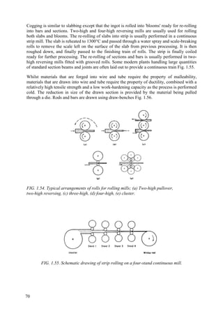 Cogging is similar to slabbing except that the ingot is rolled into 'blooms' ready for re-rolling
into bars and sections. Two-high and four-high reversing mills are usually used for rolling
both slabs and blooms. The re-rolling of slabs into strip is usually performed in a continuous
strip mill. The slab is reheated to 1300°C and passed through a water spray and scale-breaking
rolls to remove the scale left on the surface of the slab from previous processing. It is then
roughed down, and finally passed to the finishing train of rolls. The strip is finally coiled
ready for further processing. The re-rolling of sections and bars is usually performed in two-
high reversing mills fitted with grooved rolls. Some modern plants handling large quantities
of standard section beams and joints are often laid out to provide a continuous train Fig. 1.55.
Whilst materials that are forged into wire and tube require the property of malleability,
materials that are drawn into wire and tube require the property of ductility, combined with a
relatively high tensile strength and a low work-hardening capacity as the process is performed
cold. The reduction in size of the drawn section is provided by the material being pulled
through a die. Rods and bars are drawn using draw-benches Fig. 1.56.
FIG. 1.54. Typical arrangements of rolls for rolling mills; (a) Two-high pullover,
two-high reversing, (c) three-high, (d) four-high, (e) cluster.
FIG. 1.55. Schematic drawing of strip rolling on a four-stand continuous mill.
70
 