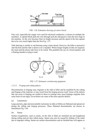 FIG. 1.56. Schematic drawing of a draw bench.
Fine wire, especially the copper wire used for electrical conductors, is drawn on multiple die
machines. A capstan block pulls the wire through each die and passes it onto the next stage in
the machine. As the wire becomes finer its length increases and the speed of the last capstan
has to be very much higher than the first Fig. 1.57.
Tube drawing is similar to rod drawing using a draw bench. However, the billet is pierced to
start the hole and the tube is drawn over a mandrel. Where longer lengths of tube are required,
the stock and the drawn tube have to be coiled. This prohibits the use of a fixed mandrel, and
a floating mandrel or plug is used.
FIG. 1.57. Schematic wiredrawing equipment.
1.3.5.1. Forging and rolling defects
Discontinuities in forgings may originate in the slab or billet and be modified by the rolling
and forging of the material, or may result from the forging process itself. Some of the defects
that can occur in forgings are similar to those in castings since most forgings originate from
some form of cast ingot. Given below are some of the more specific defects.
(a) Laminations
Large porosity, pipe and non-metallic inclusions in slabs or billets are flattened and spread out
during the rolling and forging processes. These flattened discontinuities are known as
laminations Fig. 1.64.
(b) Seams
Surface irregularities, such as cracks, on the slab or billet are stretched out and lengthened
during rolling and are then called seams. Seams may also be caused by folding of the metal
due to improper rolling. Seams are surface discontinuities and on finished bars will appear as
71
 