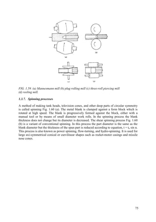 FIG. 1.59. (a) Mannesmann mill (b) plug rolling mill (c) three-roll piercing mill
(d) reeling mill.
1.3.7. Spinning processes
A method of making tank heads, television cones, and other deep parts of circular symmetry
is called spinning Fig. 1.60 (a). The metal blank is clamped against a form block which is
rotated at high speed. The blank is progressively formed against the block, either with a
manual tool or by means of small diameter work rolls. In the spinning process the blank
thickness does not change but its diameter is decreased. The shear spinning process Fig. 1.60
(b) is a variant of conventional spinning. In this process the part diameter is the same as the
blank diameter but the thickness of the spun part is reduced according to equation, t = to sin α.
This process is also known as power spinning, flow-turning, and hydro-spinning. It is used for
large axi-symmetrical conical or curvilinear shapes such as rocket-motor casings and missile
nose cones.
75
 