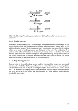 FIG. 1.61. Shearing of metal; (a) proper clearance (b) insufficient clearance (c) excessive
clearance.
1.3.9. Bending processes
Bending is the process by which a straight length is transformed into a curved length. It is a
very common forming process for changing sheet and plate into channel, drums, tanks, etc. In
addition, bending is part of the deformation in many other forming operations. The definitions
of the terms used in bending processes are illustrated in Fig. 1.62. The bend radius R is
defined as the radius of curvature on the concave, or inside, surface of the bend. For elastic
bending below the elastic limit the strain passes through zero halfway through the thickness of
the sheet at the neutral axis. In plastic bending beyond the elastic limit the neutral axis moves
closer to the inside surface of the bend as the bending proceeds.
1.3.10. Deep drawing processes
Deep drawing is the metalworking process used for shaping of flat sheets into cup-shaped
articles such as bathtubs, shell cases, and automobile panels. This is done by placing a blank
of appropriate size over a shaped die and pressing the metal into the die with a punch
Fig. 1.63. Generally a clamping or hold-down pressure is required to press the blank against
the die to prevent wrinkling. This is best done by means of a blank holder or hold-down ring
in a double action press.
77
 