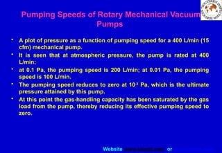 Website www.sisndt.com or www.ndtsis.com
• A plot of pressure as a function of pumping speed for a 400 L/min (15
cfm) mechanical pump.
• It is seen that at atmospheric pressure, the pump is rated at 400
L/min;
• at 0.1 Pa, the pumping speed is 200 L/min; at 0.01 Pa, the pumping
speed is 100 L/min.
• The pumping speed reduces to zero at 10-3
Pa, which is the ultimate
pressure attained by this pump.
• At this point the gas-handling capacity has been saturated by the gas
load from the pump, thereby reducing its effective pumping speed to
zero.
Pumping Speeds of Rotary Mechanical Vacuum
Pumps
 