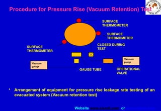 Website www.sisndt.com or www.ndtsis.com
• Arrangement of equipment for pressure rise leakage rate testing of an
evacuated system (Vacuum retention test)
Procedure for Pressure Rise (Vacuum Retention) Test
Vacuum
pump
Vacuum
gauge
SURFACE
THERMOMETER
SURFACE
THERMOMETER
GAUGE TUBE
CLOSED DURING
TEST
SURFACE
THERMOMETER
OPERATIONAL
VALVE
 