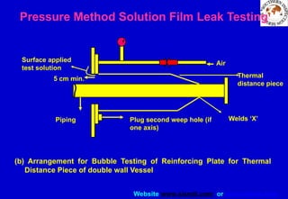 Website www.sisndt.com or www.ndtsis.com
(b) Arrangement for Bubble Testing of Reinforcing Plate for Thermal
Distance Piece of double wall Vessel
Pressure Method Solution Film Leak Testing
Air
Surface applied
test solution
Piping Plug second weep hole (if
one axis)
Welds ‘X’
Thermal
distance piece
5 cm min.
 