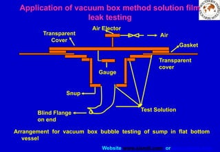 Website www.sisndt.com or www.ndtsis.com
Arrangement for vacuum box bubble testing of sump in flat bottom
vessel
Application of vacuum box method solution film
leak testing
Blind Flange
on end
Test Solution
Snup
Transparent
cover
Gauge
Gasket
Air
Transparent
Cover
Air Elector
 
