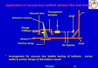 Website www.sisndt.com or www.ndtsis.com
• Arrangement for vacuum box bubble testing of bottoms , corner
welds & anchor Straps of flat bottom vessel
Application of vacuum box method solution film leak testing
Anchor strap
Air Ejector
Gauge
(100kpa range)
Vacuum box
Transparent
window shall
Bottom
Shall
Detection solution
 