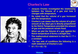 Website www.sisndt.com or www.ndtsis.com
Charles's Law
• Jacques Charles investigated the relationship
between the Volume of a gas and how it
changes with temperature.
• He noted that the volume of a gas increased
with the temperature.
• Charles's Law states that the volume of a given
amount of dry ideal gas is directly proportional
to the Kelvin Temperature provided the amount
of gas and the pressure remain fixed.
• When we plot the Volume of a gas against the
Kelvin temperature it forms a straight line.
• The mathematical statement is that the V / T =
a constant.
• For two sets of conditions the following is a
math statement of Charles's Law:
• V1 / T1 = V2 / T2
 
