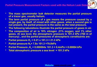 Website www.sisndt.com or www.ndtsis.com
Partial Pressure Measurement Factors used with the Helium Leak Detector
• The mass spectrometer leak detector measures the partial pressure
of a tracer gas, usually helium.
• The term partial pressure of a gas means the pressure caused by a
single gas, by itself, of mixed with other gases. when a second gas is
not present, the partial pressure is the same as the total pressure.
• The following tabulations illustrate the partial pressure of gases in air.
• The composition of air is 78% nitrogen ,21% oxygen, and 1% other
gases. At sea level, the atmospheric pressure is 101.3 kPa (760 m of
mercury) , and the partial pressures of atmospheric constituents are:
• Partial pressure O2 = 0.21 x 101.3 = 21.3 kPa
• Partial pressure N2= 7.8x 101.3 =79.0kPa
• Partial Pressure ,He = 0.000004x 101.3 = 0.4mPa = 0.00004 kPa
• Total atmospheric pressure a sea level = 101.3 kPa
 
