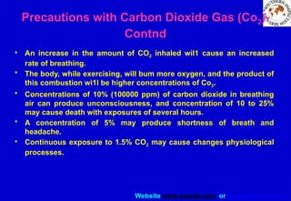 Website www.sisndt.com or www.ndtsis.com
Precautions with Carbon Dioxide Gas (Co2)-
Contnd
• An increase in the amount of CO2 inhaled wil1 cause an increased
rate of breathing.
• The body, while exercising, will bum more oxygen, and the product of
this combustion wi1l be higher concentrations of Co2.
• Concentrations of 10% (100000 ppm) of carbon dioxide in breathing
air can produce unconsciousness, and concentration of 10 to 25%
may cause death with exposures of several hours.
• A concentration of 5% may produce shortness of breath and
headache.
• Continuous exposure to 1.5% CO2 may cause changes physiological
processes.
 