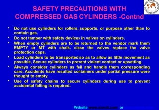 Website www.sisndt.com or www.ndtsis.com
• Do not use cylinders for rollers, supports, or purpose other than to
contain gas.
• Do not tamper with safety devices in valves on cylinders.
• When empty cylinders are to be returned to the vendor mark them
EMPTY or MT with chalk. close the valves replace the valve
protection caps.
• Load cylinders to be transported so as to allow as little movement as
possible, Secure cylinders to prevent violent contact or upsetting.
• Always consider cylinders as full and handle them corresponding
care. Accidents have resulted containers under partial pressure were
thought to empty.
• Use of safety chains to secure cylinders during use to prevent
accidental falling is required.
SAFETY PRECAUTIONS WITH
COMPRESSED GAS CYLINDERS -Contnd
 
