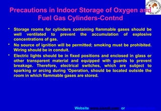 Website www.sisndt.com or www.ndtsis.com
Precautions in Indoor Storage of Oxygen and
Fuel Gas Cylinders-Contnd
• Storage rooms for cylinders containing flammable gases should be
well ventilated to prevent the accumulation of explosive
concentrations of gas.
• No source of ignition will be permitted; smoking must be prohibited.
Wiring should be in conduit.
• Electric lights should be in fixed positions and enclosed in glass or
other transparent material and equipped with guards to prevent
breakage. Therefore, electrical switches, which are subject to
sparking or arcing during 'Operation, should be located outside the
room in which flammable gases are stored.
 