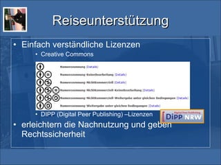 Reiseunterstützung Einfach verständliche Lizenzen  Creative Commons DIPP (Digital Peer Publishing) –Lizenzen erleichtern die Nachnutzung und geben Rechtssicherheit 