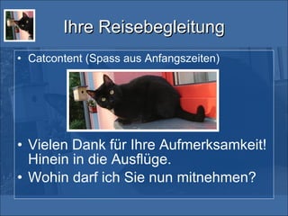 Ihre Reisebegleitung Catcontent (Spass aus Anfangszeiten) Vielen Dank für Ihre Aufmerksamkeit! Hinein in die Ausflüge.  Wohin darf ich Sie nun mitnehmen? 