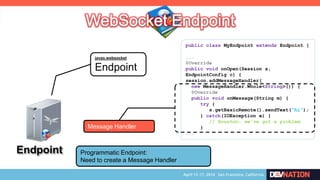 Endpoint
javax.websocket
Endpoint
Programmatic Endpoint:
Need to create a Message Handler
public class MyEndpoint extends Endpoint {
...
@Override
public void onOpen(Session s,
EndpointConfig c) {
session.addMessageHandler(
new MessageHandler.Whole<String>()) {
@Override
public void onMessage(String m) {
try {
s.getBasicRemote().sendText(“hi”);
} catch(IOException e) {
// Houston: we‟ve got a problem
}
...
Message Handler
 