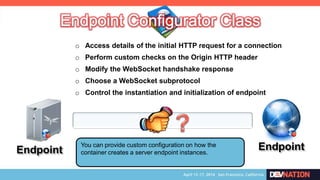 Endpoint Endpoint
o Access details of the initial HTTP request for a connection
You can provide custom configuration on how the
container creates a server endpoint instances.
o Perform custom checks on the Origin HTTP header
o Modify the WebSocket handshake response
o Choose a WebSocket subprotocol
o Control the instantiation and initialization of endpoint
 