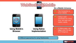 Using Mobile’s
Browser
Using Native
Implementation
2 Different approaches for using WebSockets
The Connection is
never reliable
On a Mobile Universe
Using a open
connection for a long
time, can drain your
battery rapidly.
In Native apps, use
ONLY when the app
is on foregroud.
 